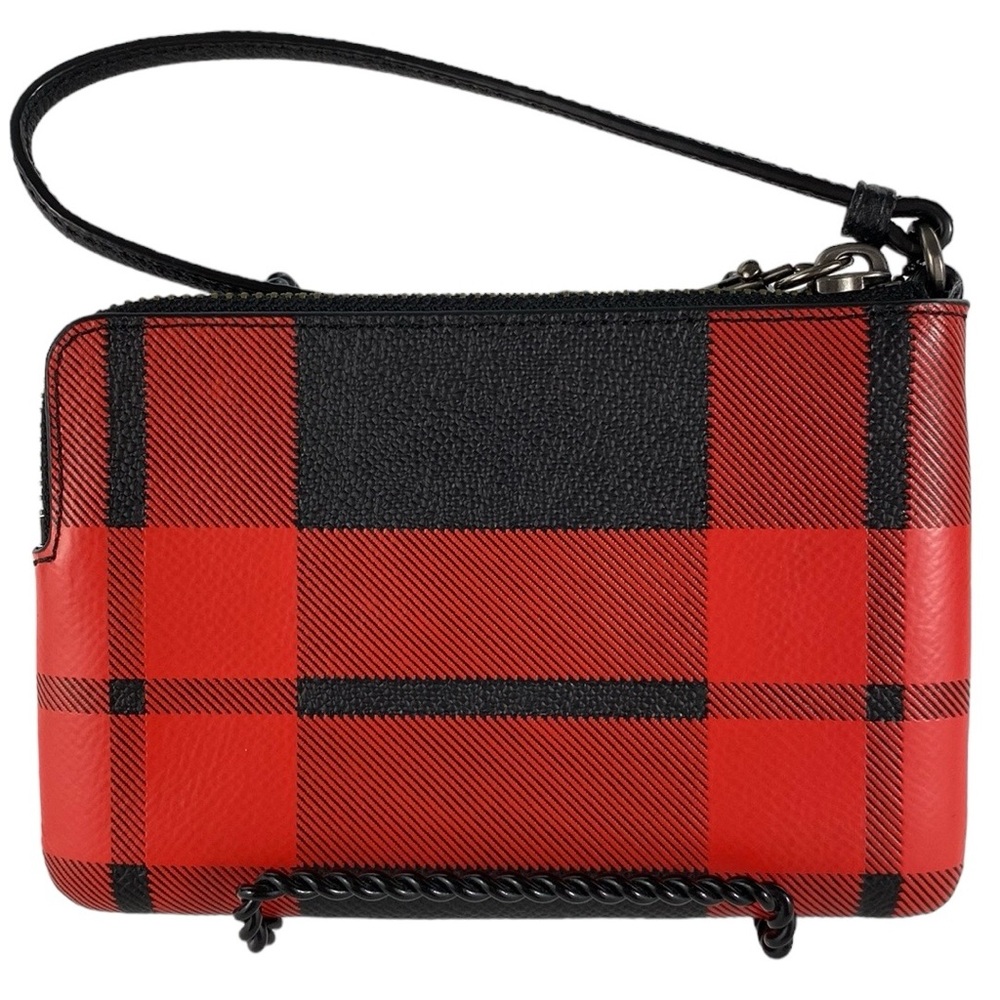 Coach Red Buffalo Plaid Corner Zip Wristlet - Picture 5 of 17
